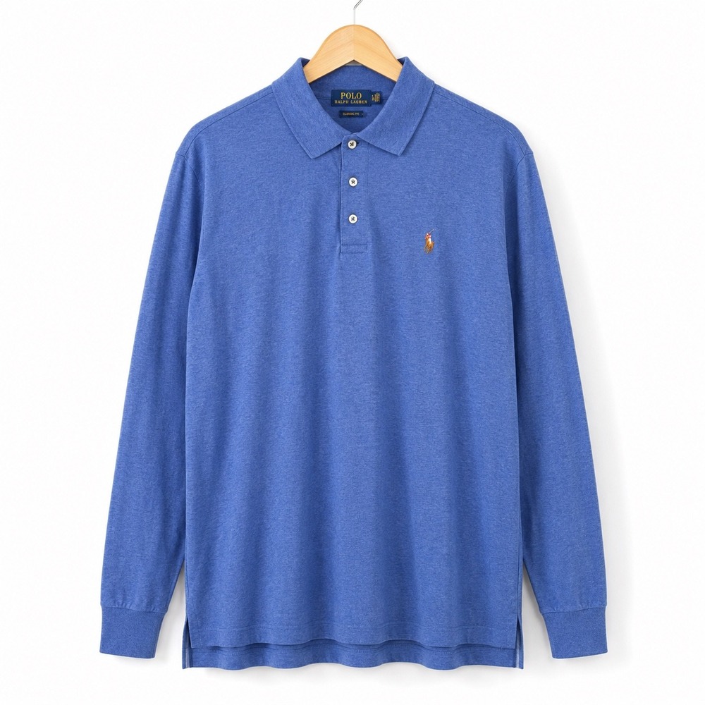 Polo Ralph Lauren Mens XXL Blue Long Sleeve Classic Fit Polo Shirt Heathered
